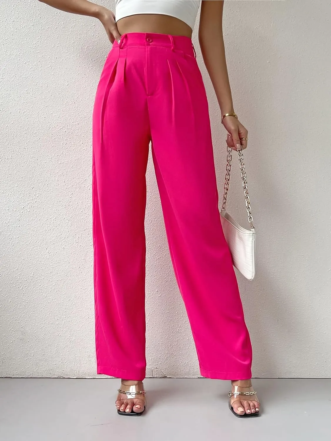 SweatyRocks Women's Casual High Waisted Wide Leg Pants Solid Pleated Loose Trouser Long Pants