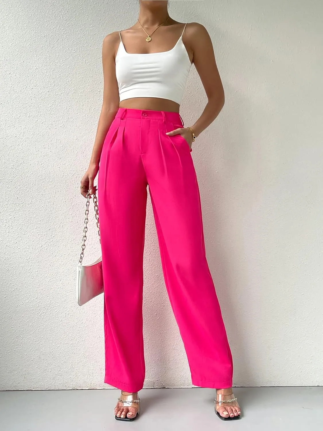 SweatyRocks Women's Casual High Waisted Wide Leg Pants Solid Pleated Loose Trouser Long Pants