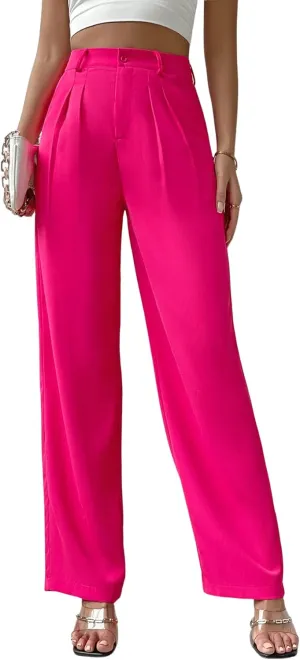 SweatyRocks Women's Casual High Waisted Wide Leg Pants Solid Pleated Loose Trouser Long Pants