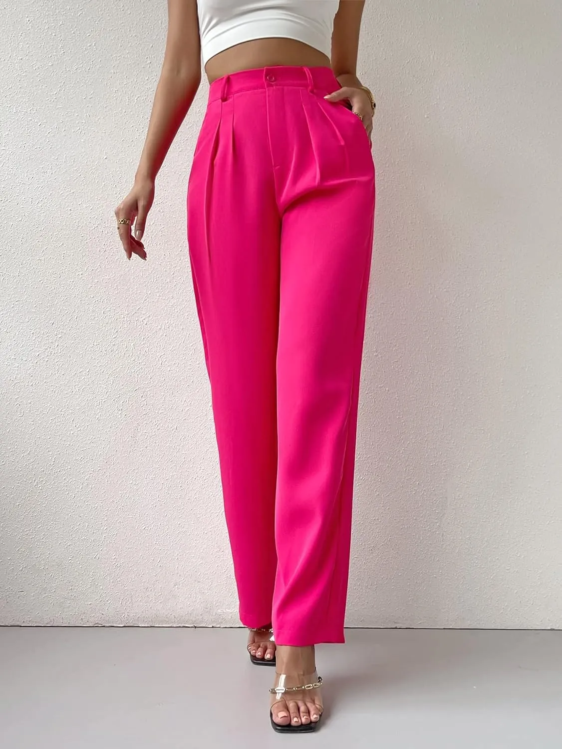 SweatyRocks Women's Casual High Waisted Wide Leg Pants Solid Pleated Loose Trouser Long Pants