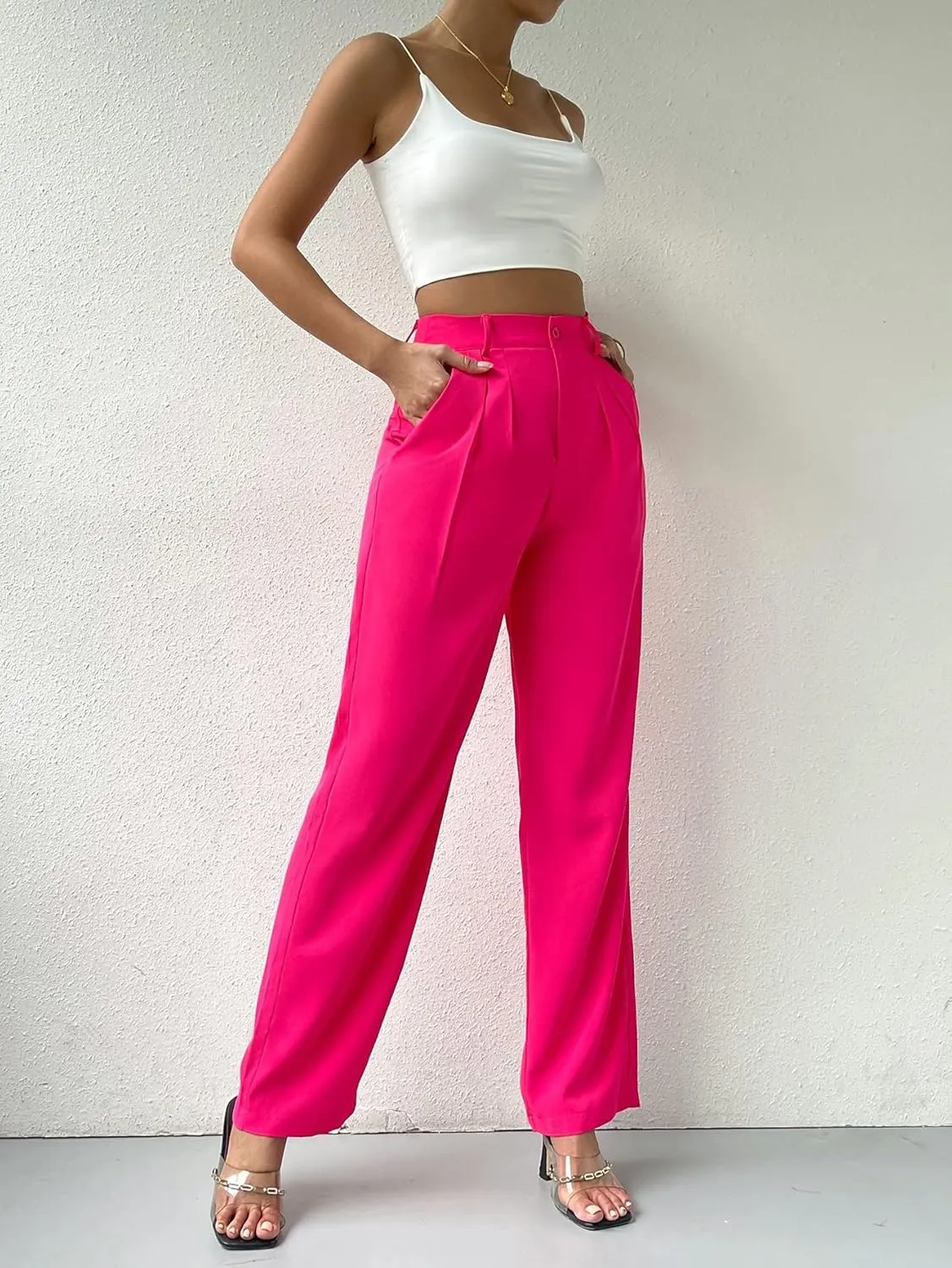 SweatyRocks Women's Casual High Waisted Wide Leg Pants Solid Pleated Loose Trouser Long Pants