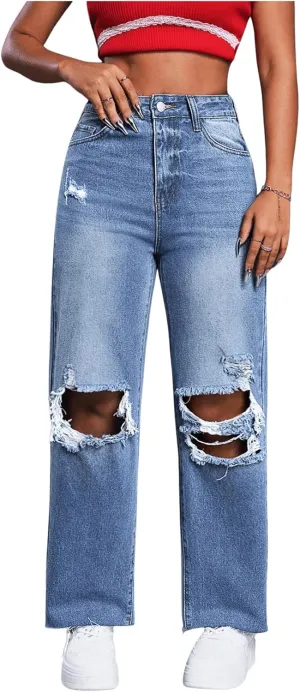 SweatyRocks Women's High Waist Ripped Distressed Cropped Jeans Straight Leg Denim Pants