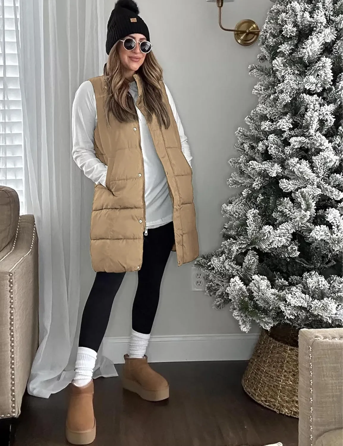 Tanming Women's Long Puffer Vest Casual Sleeveless Puffy Jacket with Removable Hood