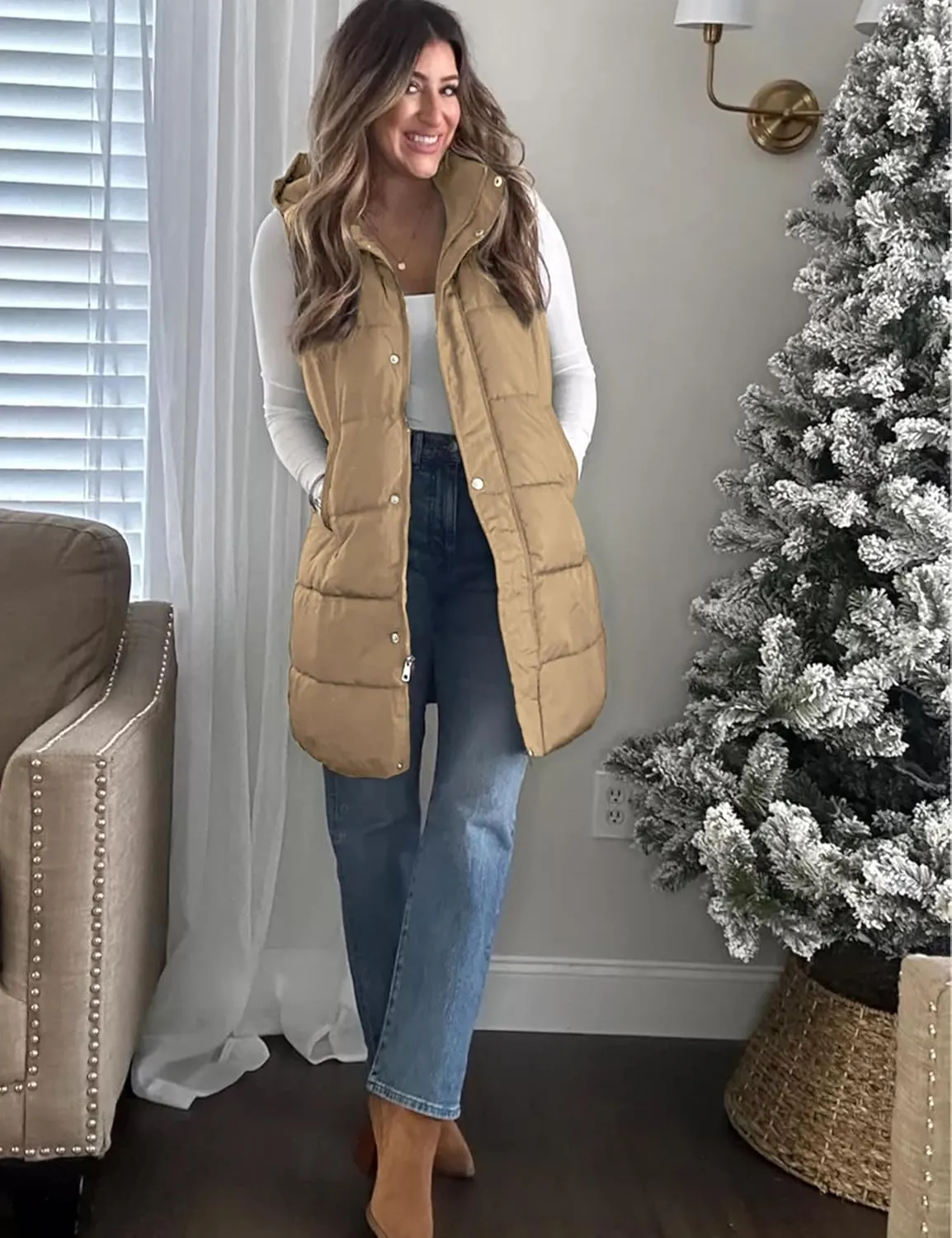 Tanming Women's Long Puffer Vest Casual Sleeveless Puffy Jacket with Removable Hood