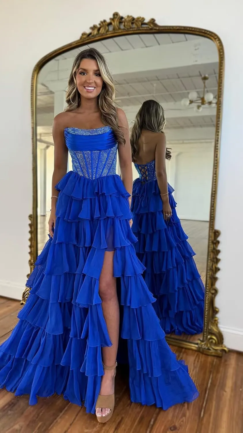 Tiered Chiffon Prom Dresses with Slit for Women A Line Strapless Prom Dress Backless LW015