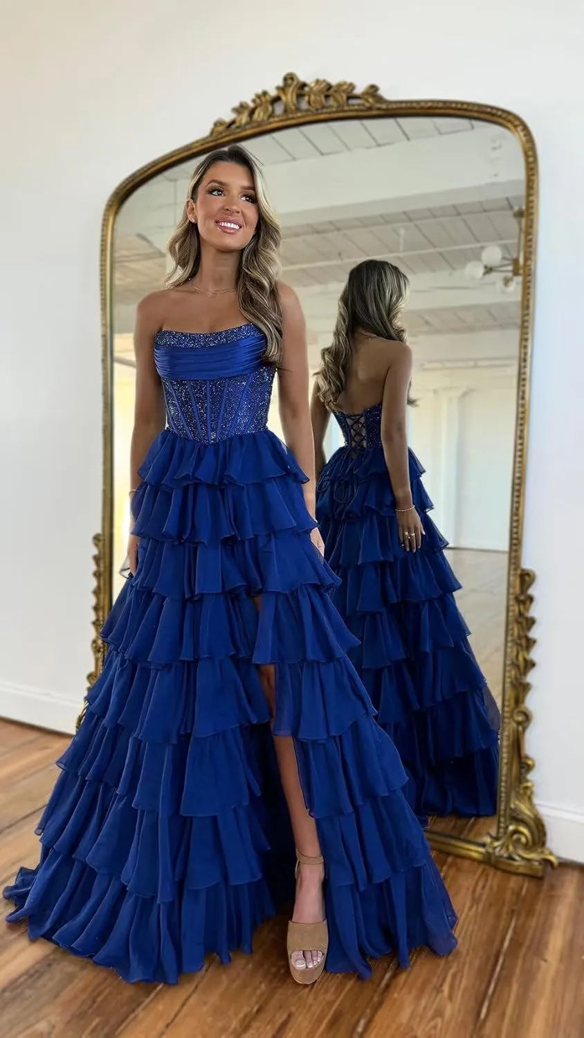 Tiered Chiffon Prom Dresses with Slit for Women A Line Strapless Prom Dress Backless LW015