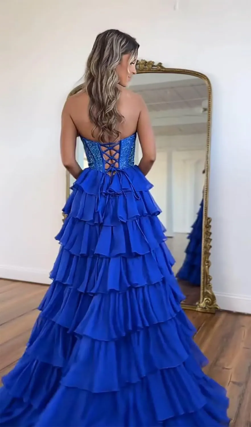 Tiered Chiffon Prom Dresses with Slit for Women A Line Strapless Prom Dress Backless LW015