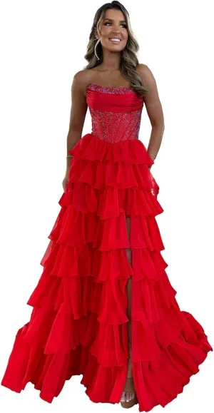 Tiered Chiffon Prom Dresses with Slit for Women A Line Strapless Prom Dress Backless LW015