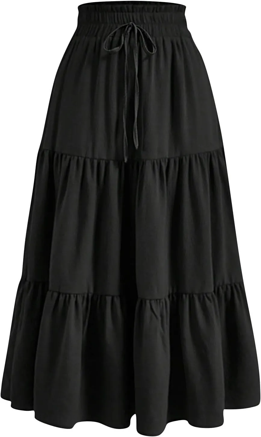 Tiered Floral Maxi Skirts for Women Trendy Elastic High Waisted Flowy Long Skirt Summer Boho Beach A Line Skirt