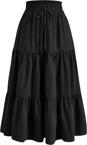 Tiered Floral Maxi Skirts for Women Trendy Elastic High Waisted Flowy Long Skirt Summer Boho Beach A Line Skirt