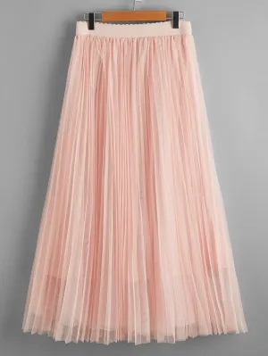 TIMEKE Women's Long Skirt Wideband Waist Pleated Mesh Skirt Elegant Midi Skirt