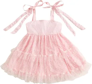 Toddler Baby Girl Summer Boho Dress Solid Color Spaghetti Strap Square Neck Tulle Dress Kids Beach Sundress