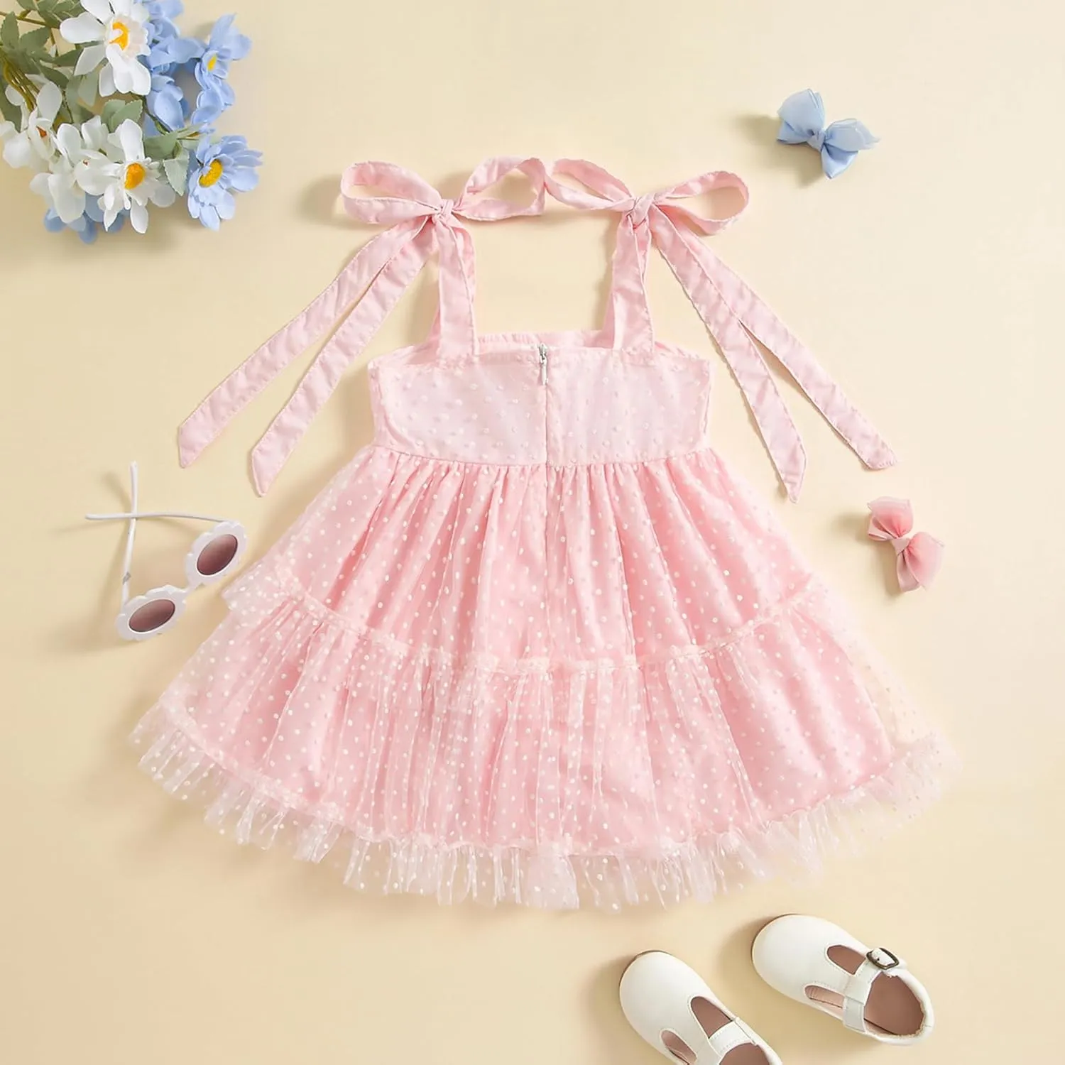 Toddler Baby Girl Summer Boho Dress Solid Color Spaghetti Strap Square Neck Tulle Dress Kids Beach Sundress