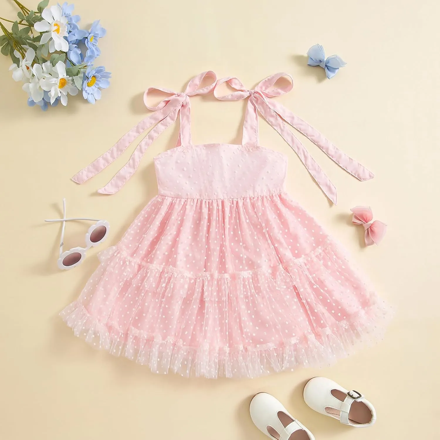 Toddler Baby Girl Summer Boho Dress Solid Color Spaghetti Strap Square Neck Tulle Dress Kids Beach Sundress