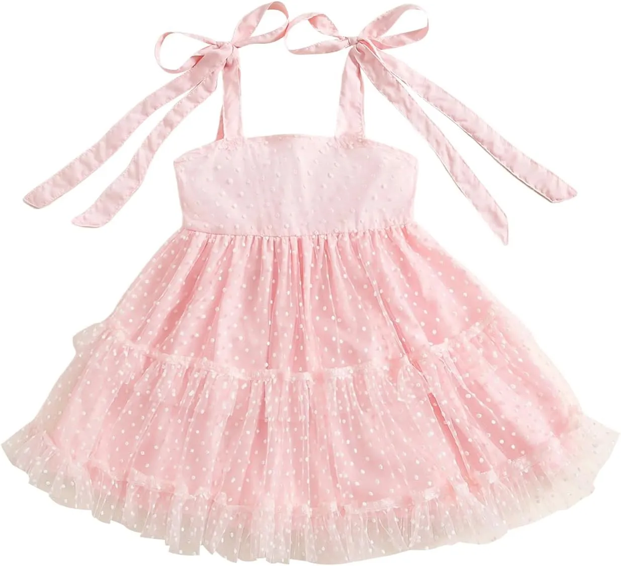 Toddler Baby Girl Summer Boho Dress Solid Color Spaghetti Strap Square Neck Tulle Dress Kids Beach Sundress