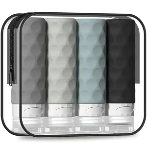 Travel Bottles for Toiletries, 4pcs Tsa Approved 3oz Travel Size Containers, BPA Free Leak Proof Premium Silicone Bottles, Refillable Liquid Squeezable Accessories W/Toiletry Bag