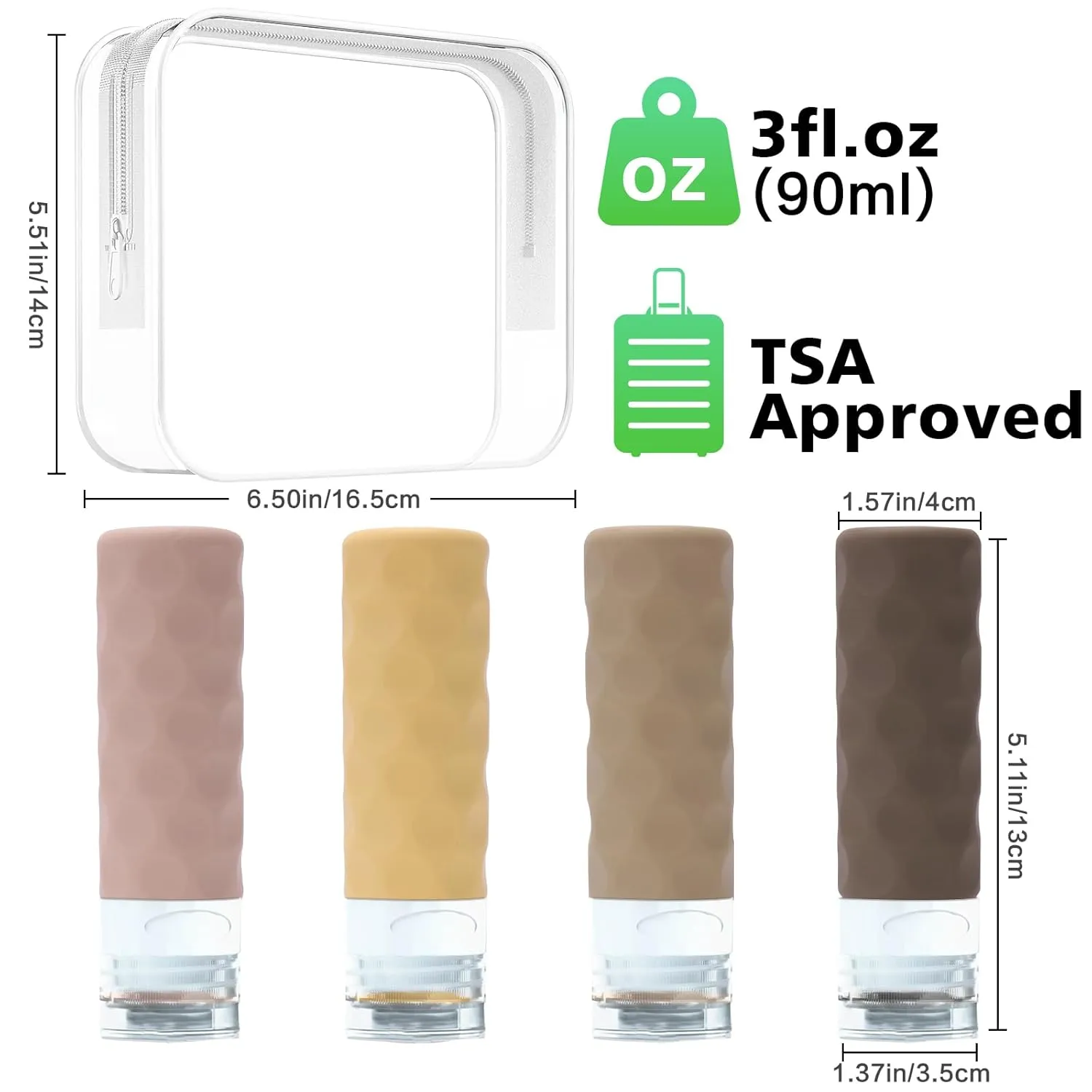 Travel Bottles for Toiletries, 4pcs Tsa Approved 3oz Travel Size Containers, BPA Free Leak Proof Premium Silicone Bottles, Refillable Liquid Squeezable Accessories W/Toiletry BagApricot