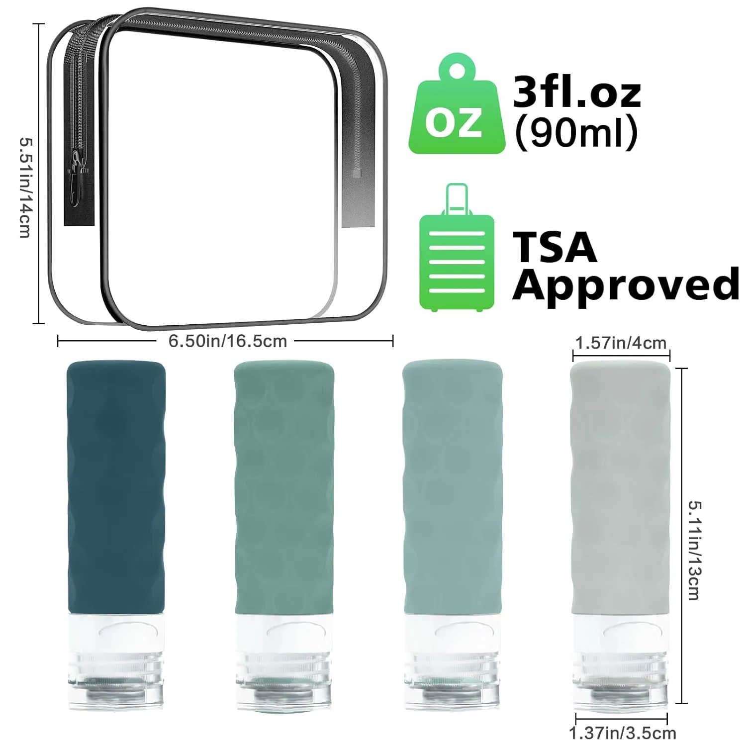 Travel Bottles for Toiletries, 4pcs Tsa Approved 3oz Travel Size Containers, BPA Free Leak Proof Premium Silicone Bottles, Refillable Liquid Squeezable Accessories W/Toiletry Bag(Mint)