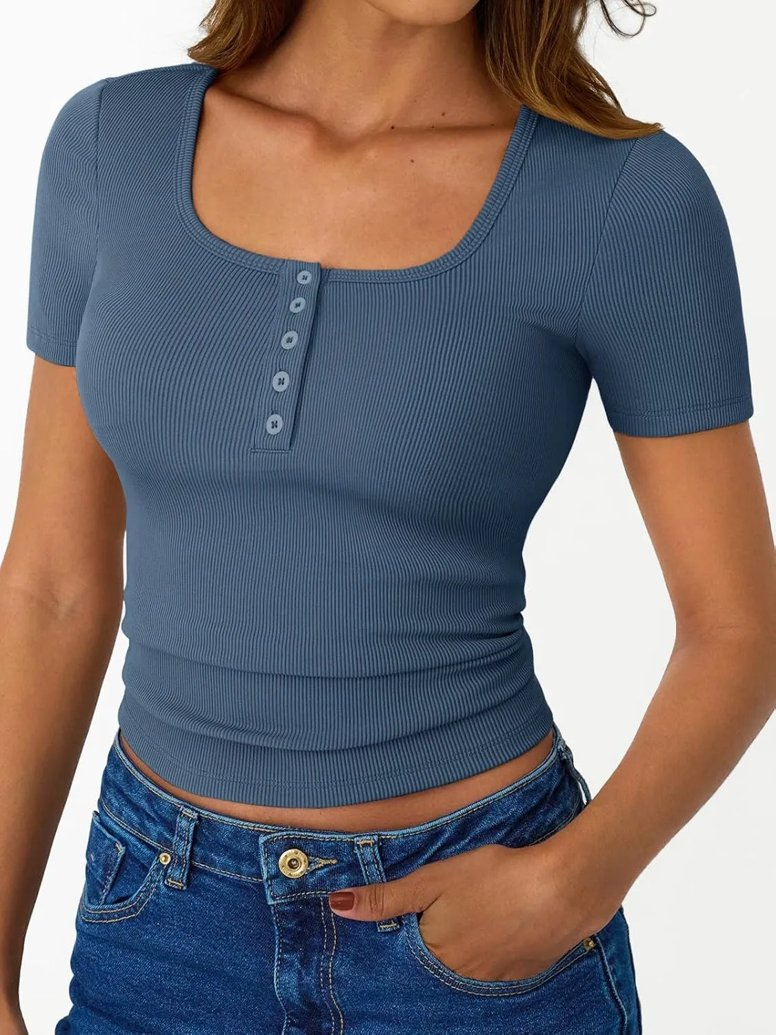 Trendy Queen Womens Short Sleeve Summer Tops Ribbed Henley T Shirts Basic Tee Cute Casual Spring Fashion Clothes 2025