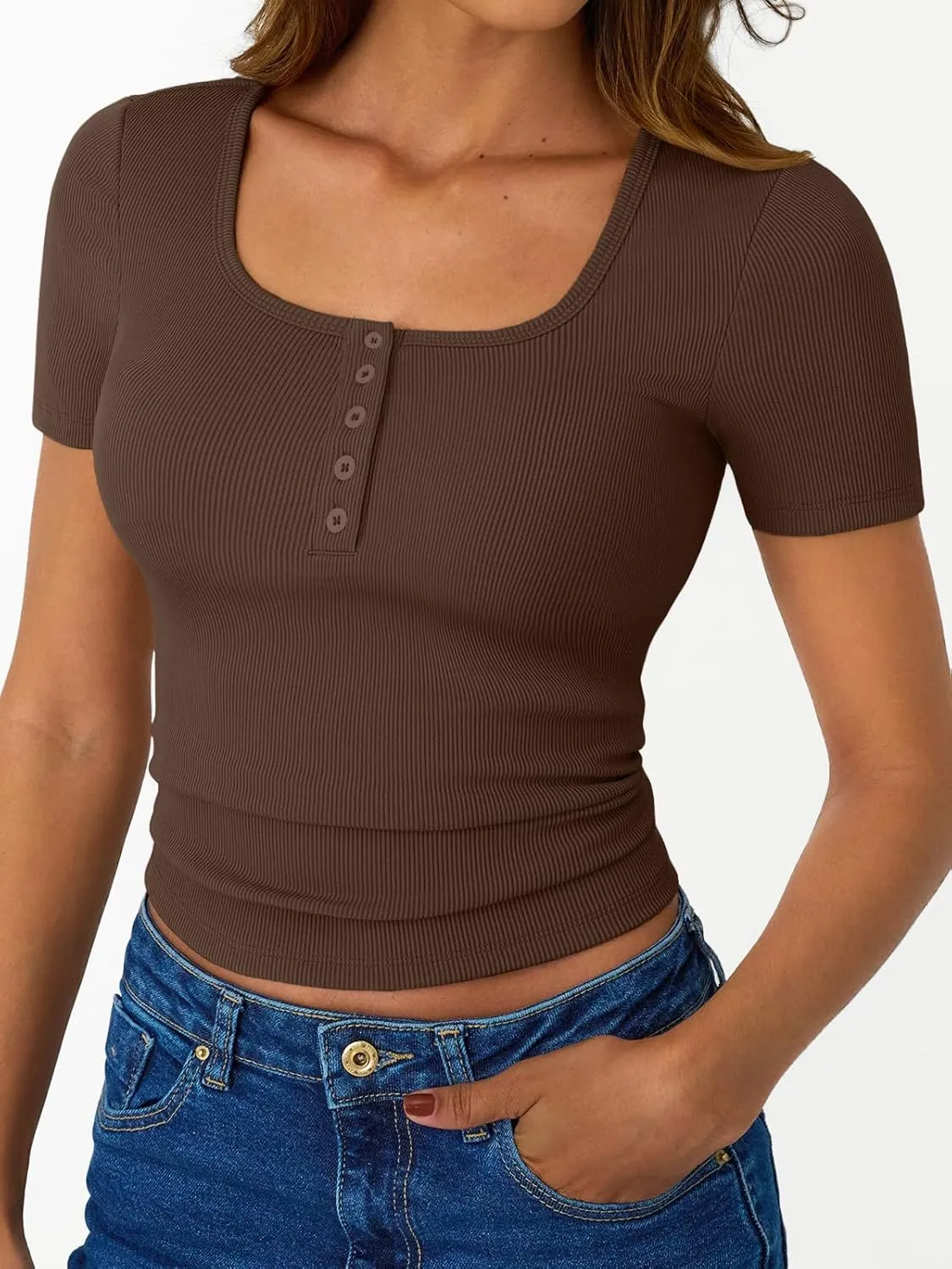 Trendy Queen Womens Short Sleeve Summer Tops Ribbed Henley T Shirts Basic Tee Cute Casual Spring Fashion Clothes 2025