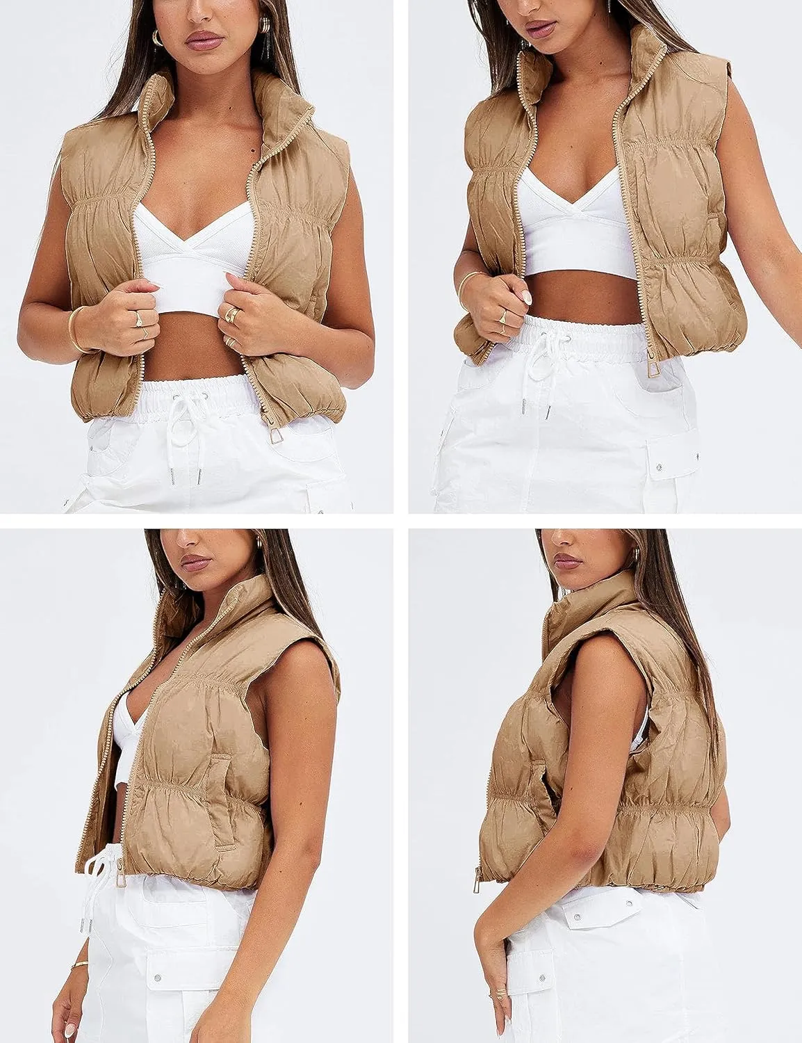 UANEO Womens Cropped Puffer Vest Zip Up Stand Collar Sleeveless Padded Cropped Vest