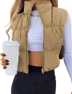 UANEO Womens Cropped Puffer Vest Zip Up Stand Collar Sleeveless Padded Cropped Vest