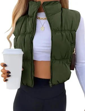 UANEO Womens Cropped Puffer Vest Zip Up Stand Collar Sleeveless Padded Cropped Vest