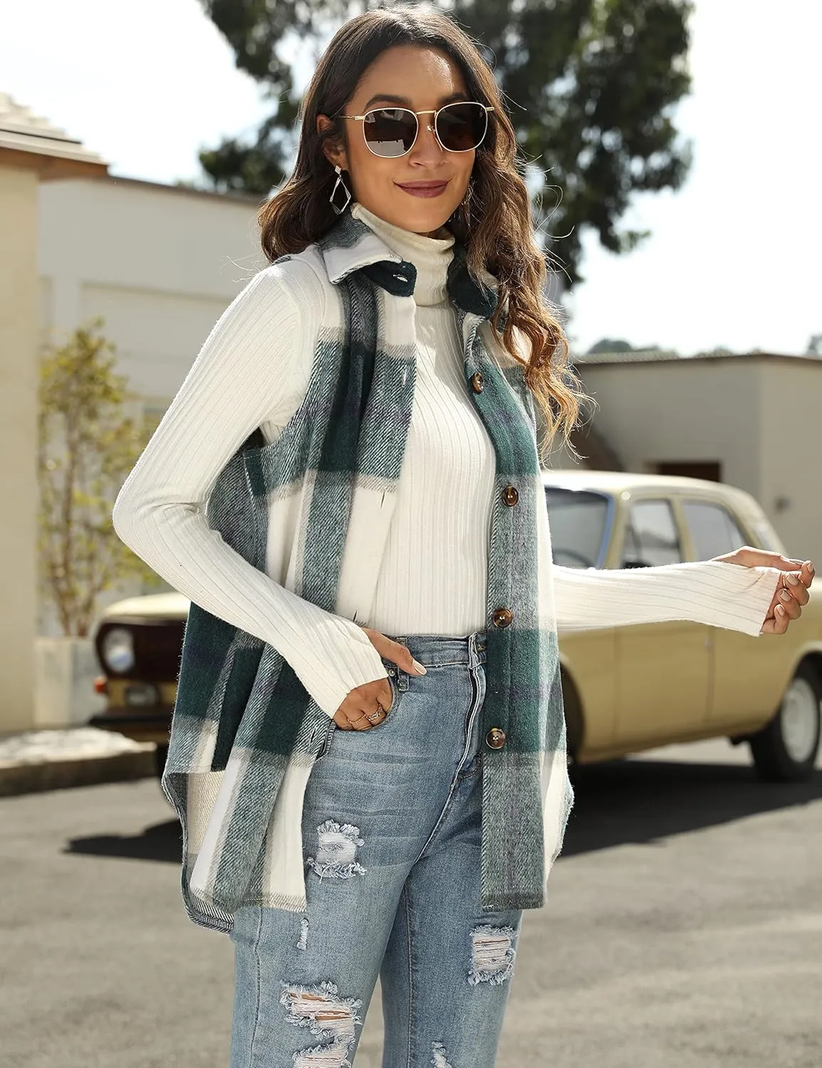 UANEO Womens Fall Flannel Plaid Vest Button Down Sleeveless Shirt Jacket With Pockets
