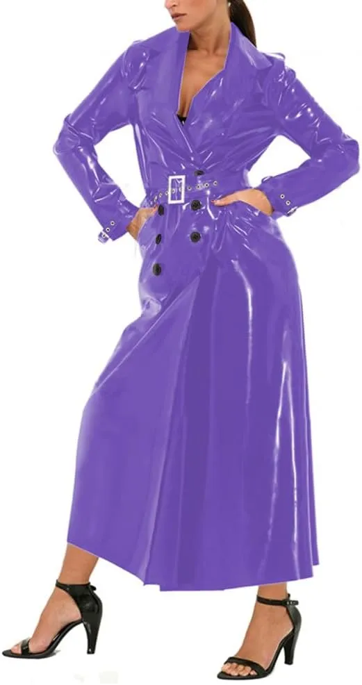 Unisex Shiny PVC Lapel Collar Long Trench Glossy Leather Long Sleeve Coat Party Button-Front Belt Trench