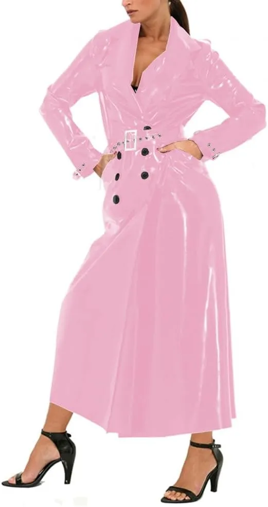 Unisex Shiny PVC Lapel Collar Long Trench Glossy Leather Long Sleeve Coat Party Button-Front Belt Trench
