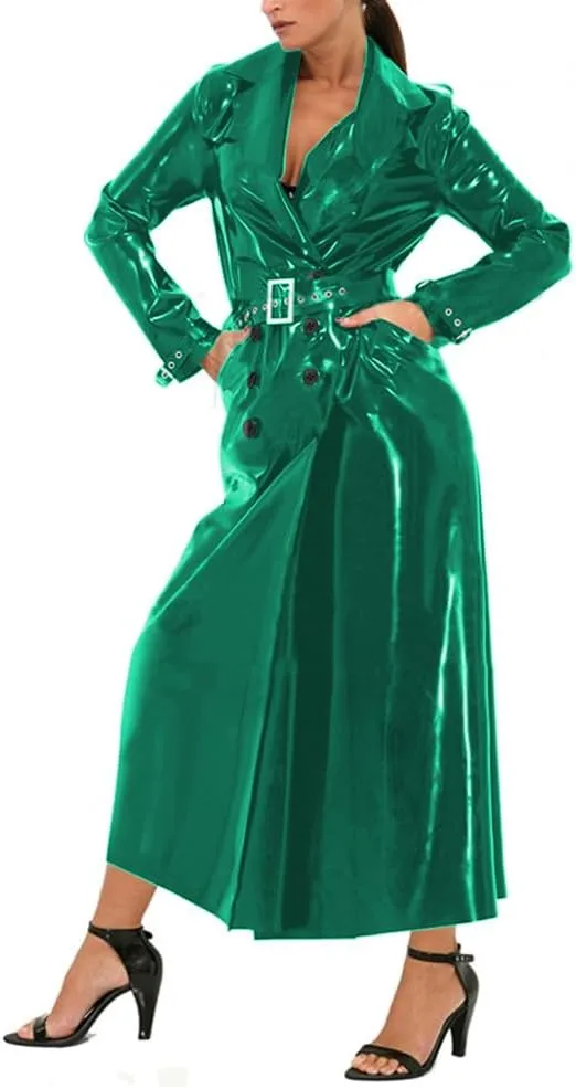 Unisex Shiny PVC Lapel Collar Long Trench Glossy Leather Long Sleeve Coat Party Button-Front Belt Trench