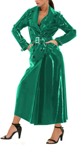 Unisex Shiny PVC Lapel Collar Long Trench Glossy Leather Long Sleeve Coat Party Button-Front Belt Trench