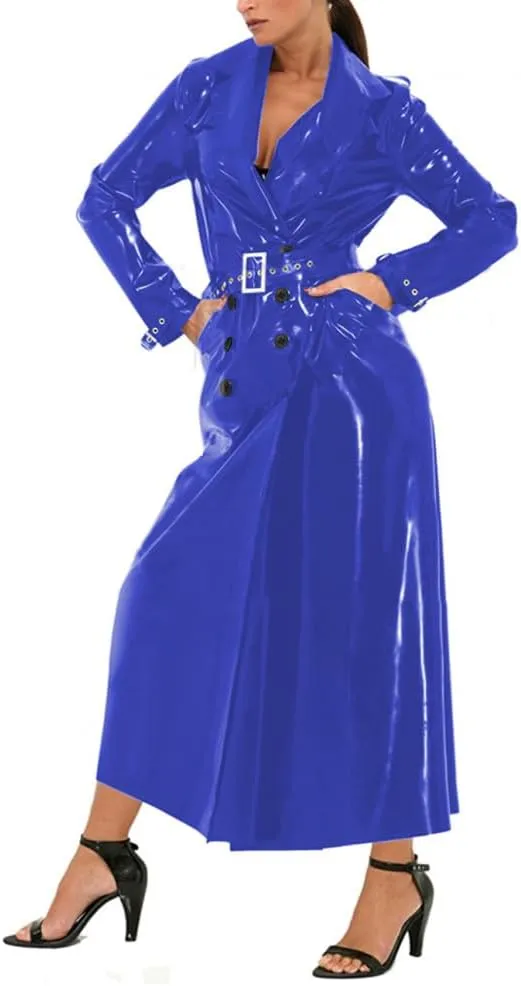Unisex Shiny PVC Lapel Collar Long Trench Glossy Leather Long Sleeve Coat Party Button-Front Belt Trench