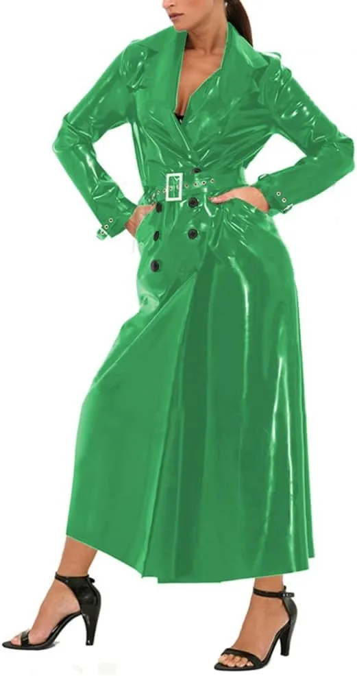 Unisex Shiny PVC Lapel Collar Long Trench Glossy Leather Long Sleeve Coat Party Button-Front Belt Trench