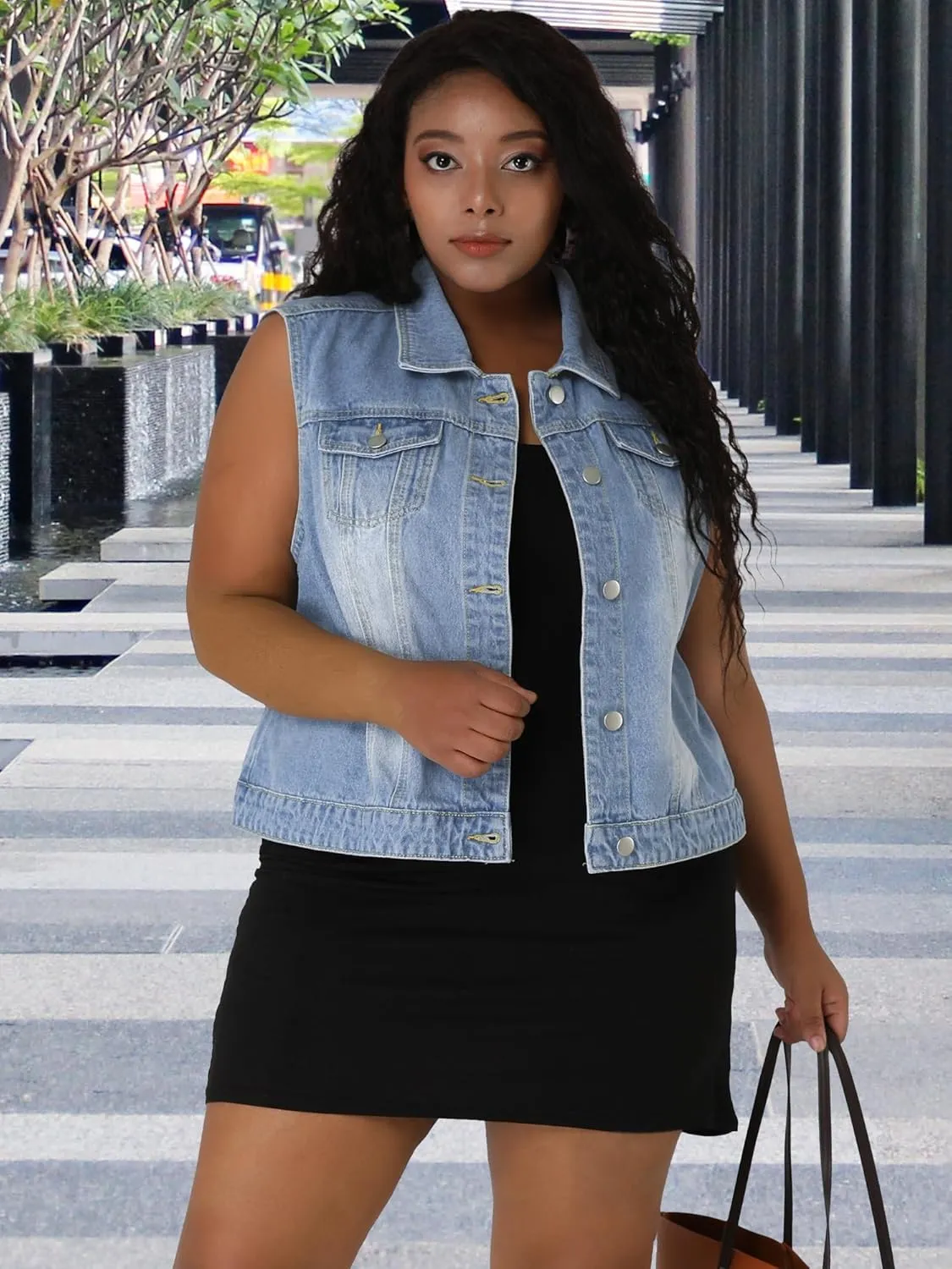 uxcell Denim Vest Top for Women Plus Size Sleeveless Button Down Waistcoat with Two Chest Flap Pockets Jean Jacket Vest