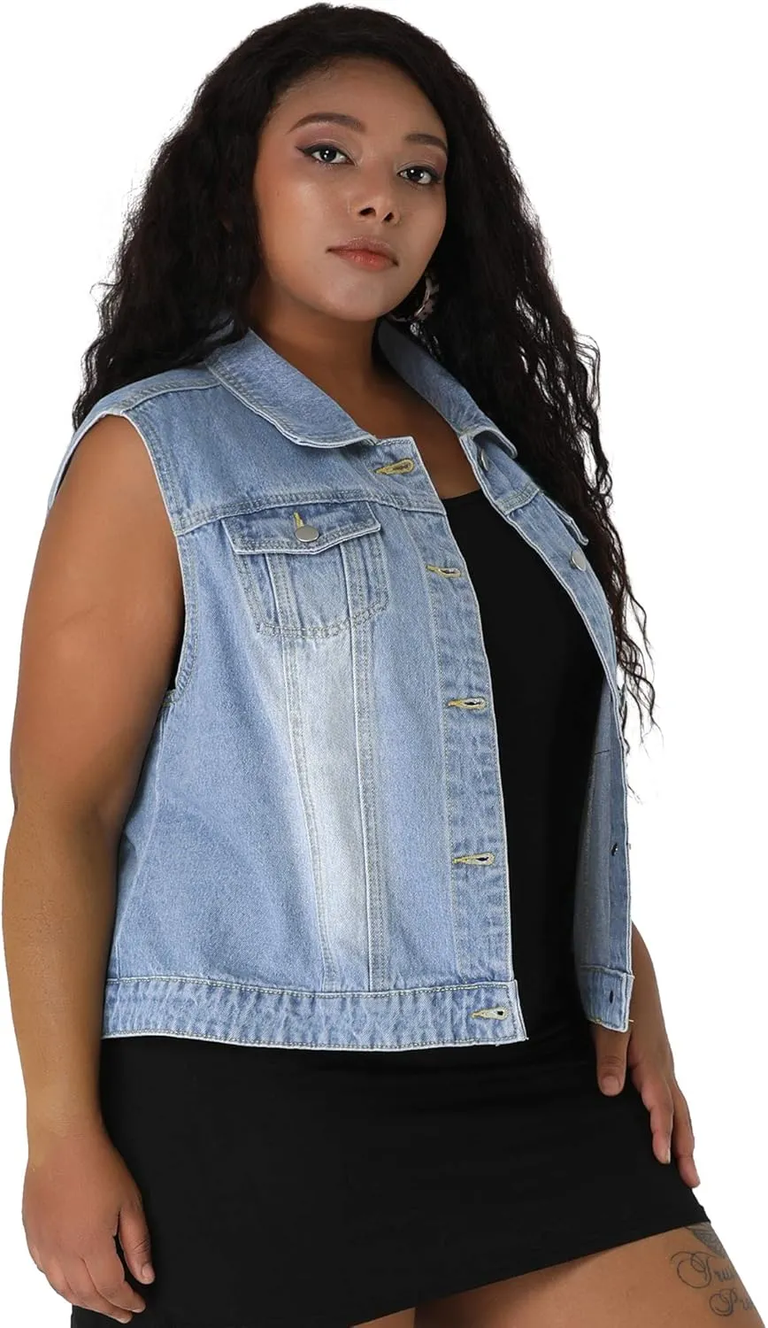 uxcell Denim Vest Top for Women Plus Size Sleeveless Button Down Waistcoat with Two Chest Flap Pockets Jean Jacket Vest