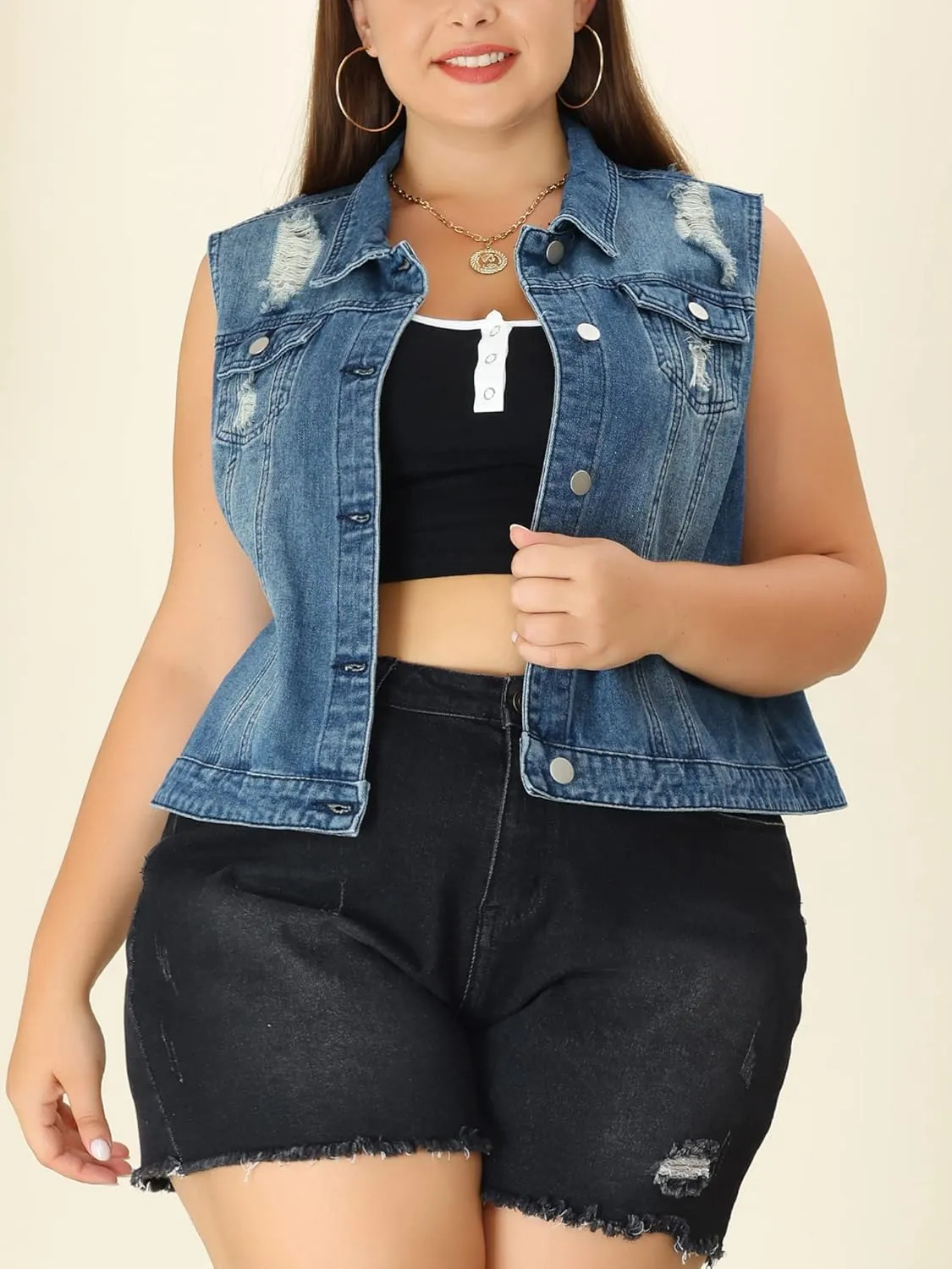 uxcell Denim Vest Top for Women Plus Size Sleeveless Button Down Waistcoat with Two Chest Flap Pockets Jean Jacket Vest
