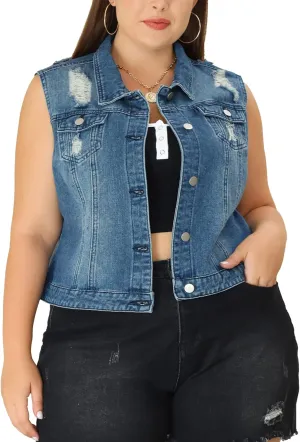 uxcell Denim Vest Top for Women Plus Size Sleeveless Button Down Waistcoat with Two Chest Flap Pockets Jean Jacket Vest