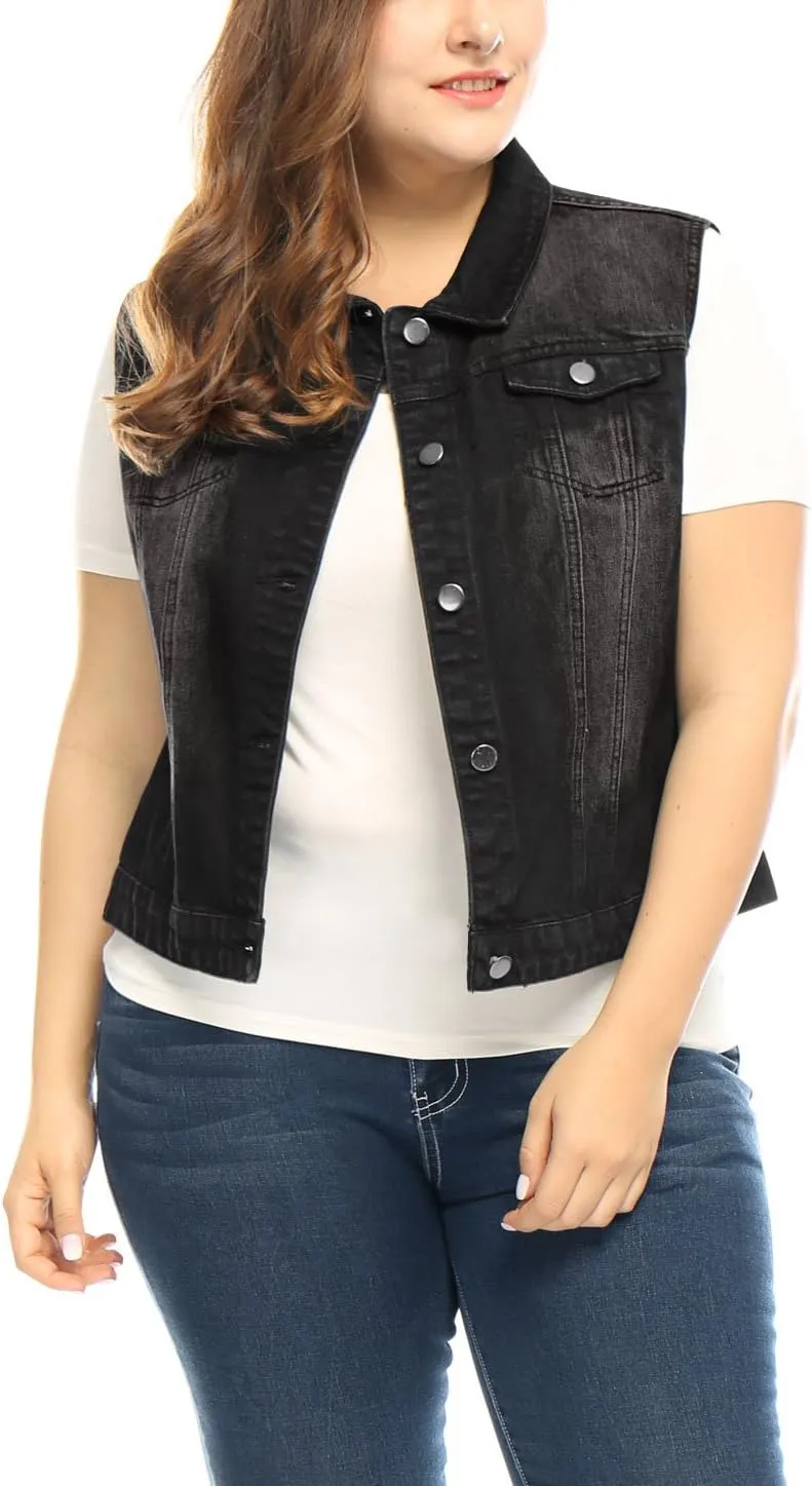 uxcell Denim Vest Top for Women Plus Size Sleeveless Button Down Waistcoat with Two Chest Flap Pockets Jean Jacket Vest