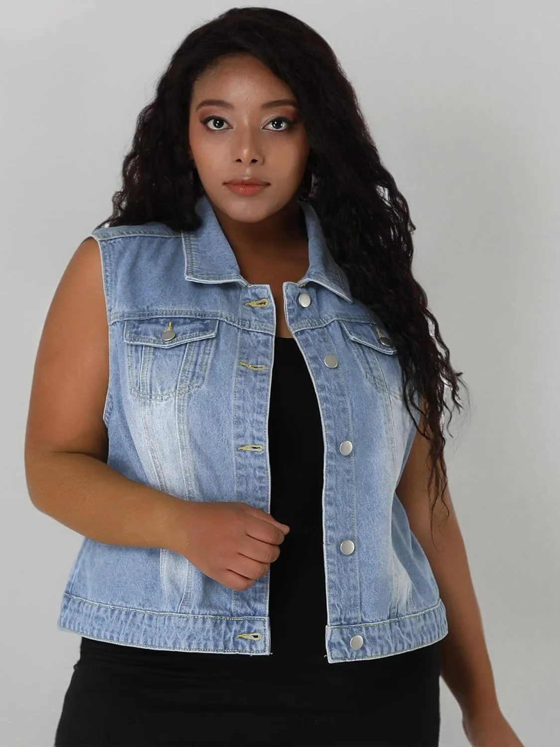 uxcell Denim Vest Top for Women Plus Size Sleeveless Button Down Waistcoat with Two Chest Flap Pockets Jean Jacket Vest