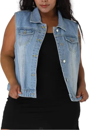 uxcell Denim Vest Top for Women Plus Size Sleeveless Button Down Waistcoat with Two Chest Flap Pockets Jean Jacket Vest
