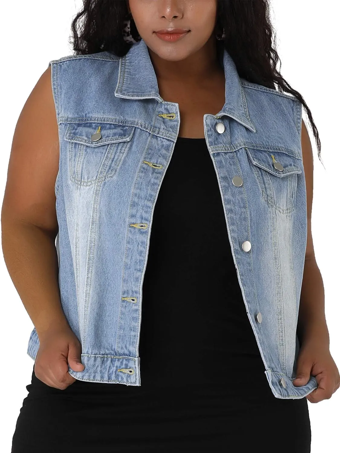 uxcell Denim Vest Top for Women Plus Size Sleeveless Button Down Waistcoat with Two Chest Flap Pockets Jean Jacket Vest