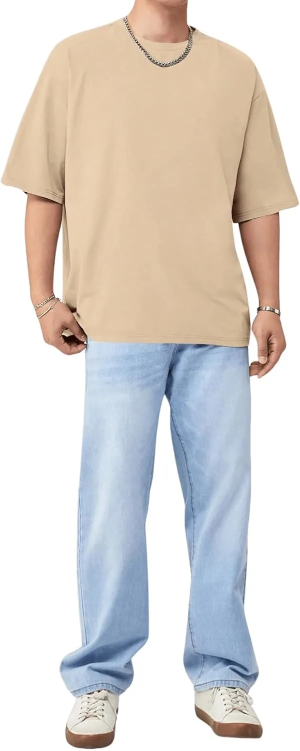 Verdusa Men's Drop Shoulder Round Neck Half Sleeve T Shirt Basic Solid Loose Tee Tops