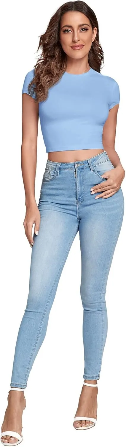 Verdusa Women's Casual Basic Cap Sleeve Slim Fitted Round Neck Crop Tee Top