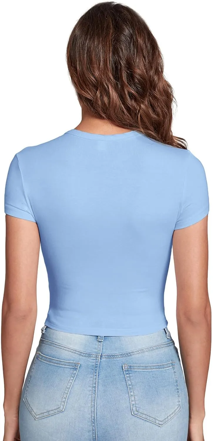 Verdusa Women's Casual Basic Cap Sleeve Slim Fitted Round Neck Crop Tee Top