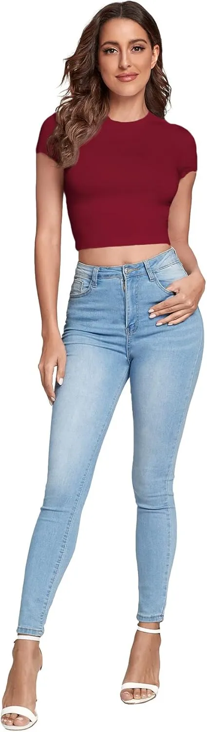 Verdusa Women's Casual Basic Cap Sleeve Slim Fitted Round Neck Crop Tee Top
