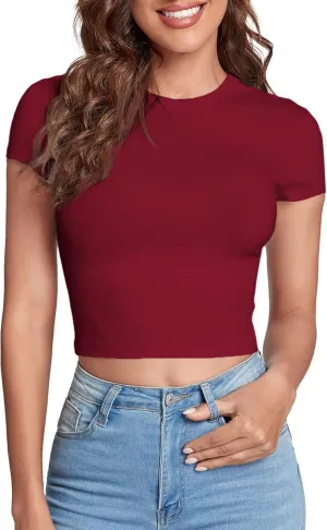 Verdusa Women's Casual Basic Cap Sleeve Slim Fitted Round Neck Crop Tee Top