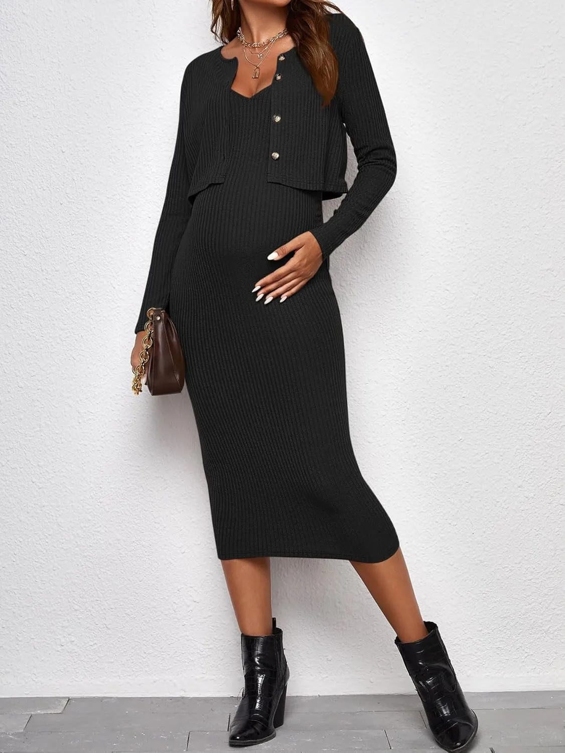 Verdusa Women's Maternity 2 Piece Rib Knit V Neck Long Cami Bodycon Dress and Long Sleeve Cardigan