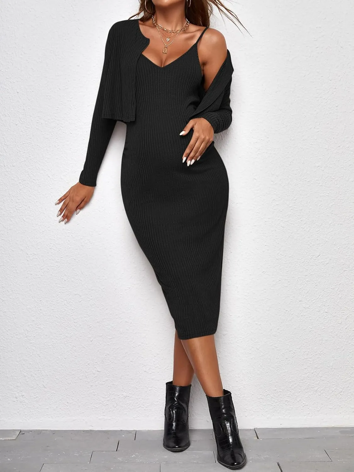 Verdusa Women's Maternity 2 Piece Rib Knit V Neck Long Cami Bodycon Dress and Long Sleeve Cardigan