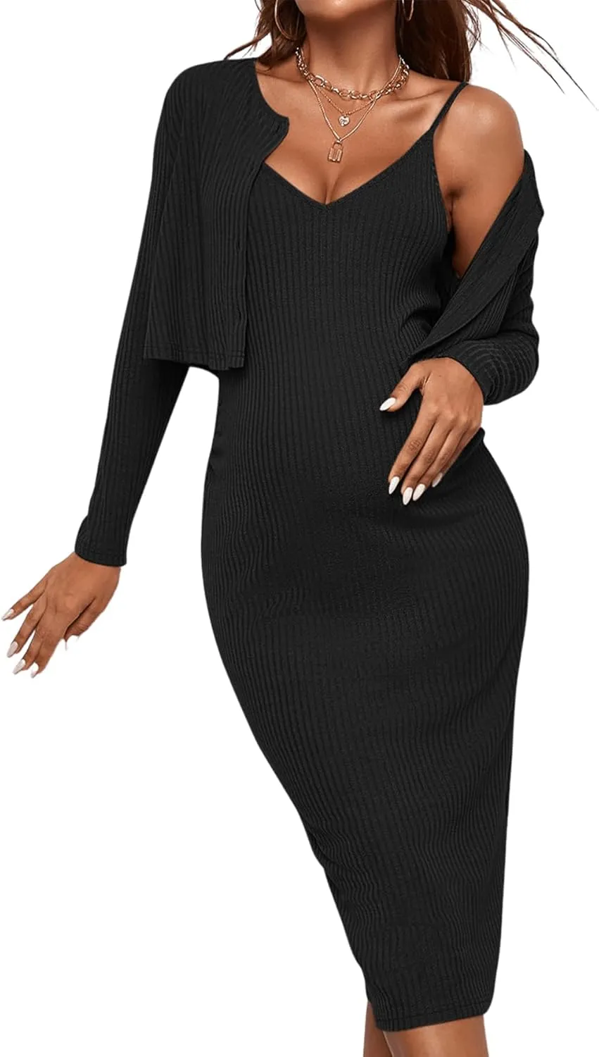 Verdusa Women's Maternity 2 Piece Rib Knit V Neck Long Cami Bodycon Dress and Long Sleeve Cardigan